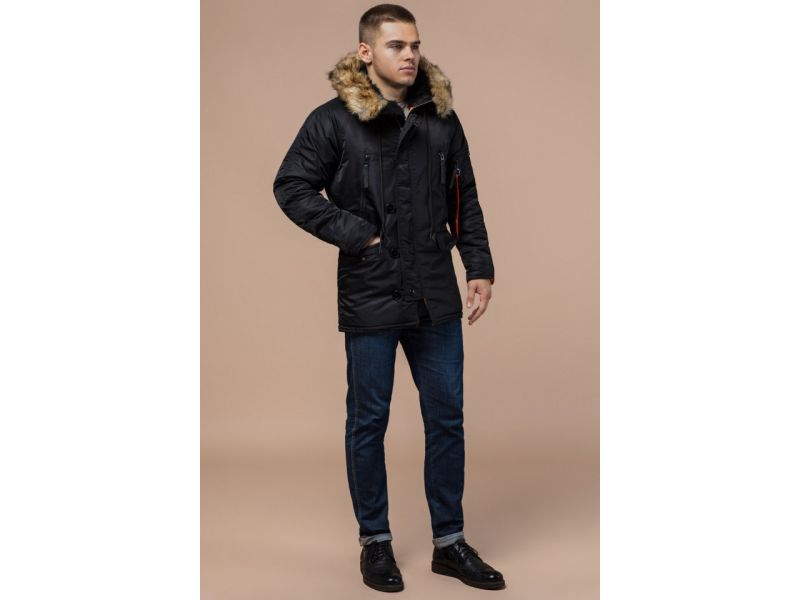 Черная парка зимняя мужская с опушкой модель 4137, фото 4