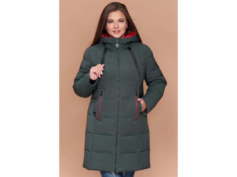 Пуховик женский большого размера серо-зеленого цвета зимний модель 25175, фото 4