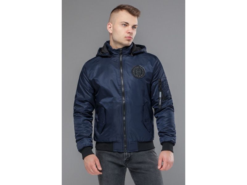 Темно-синий бомбер осенне-весенний молодежный мужской с нашивкой модель 30525, фото 4