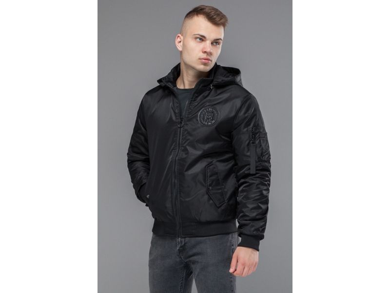 Черный молодежный мужской бомбер короткий осенне-весенний модель 30525, фото 4