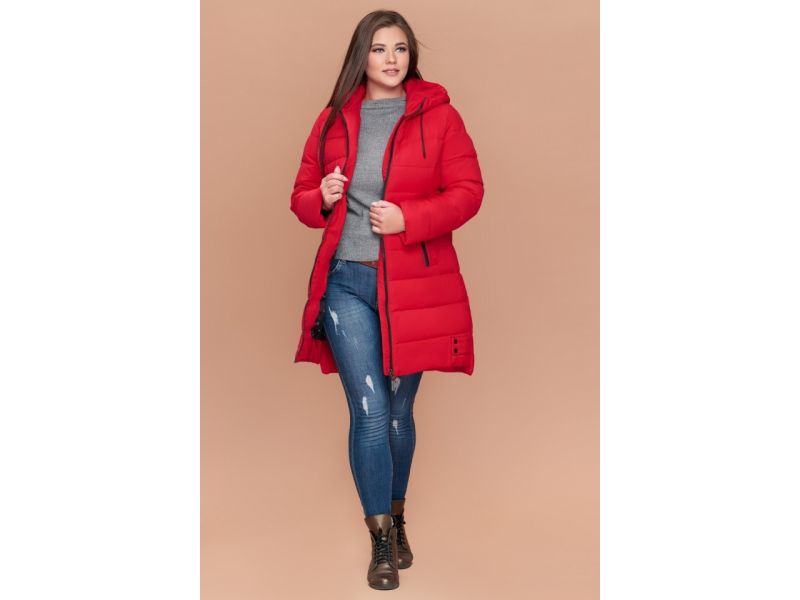 Красный пуховик женский большого размера зимний модель 25225, фото 3