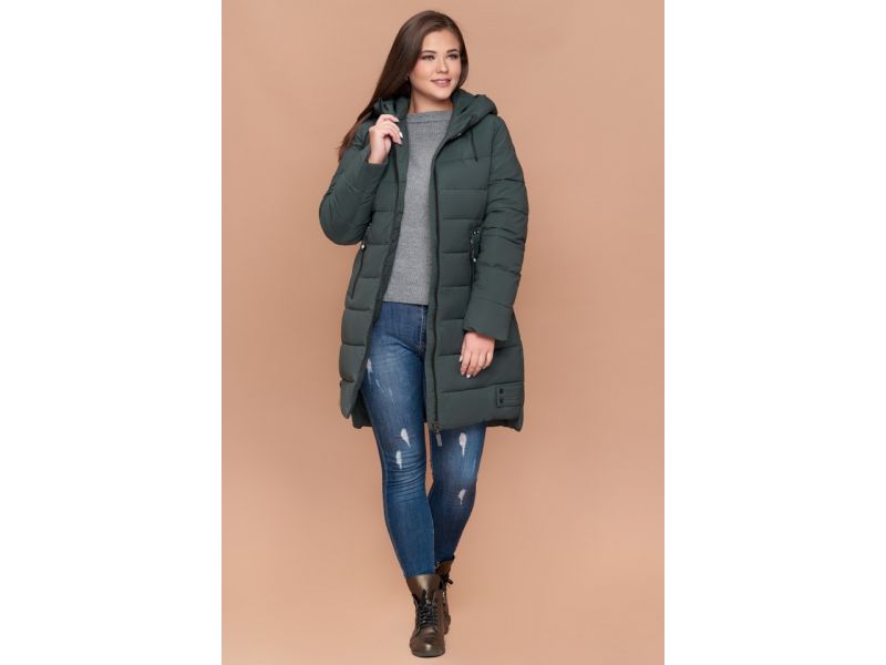 Пуховик серо-зеленого цвета большого размера зимний женский модель 25225, фото 3