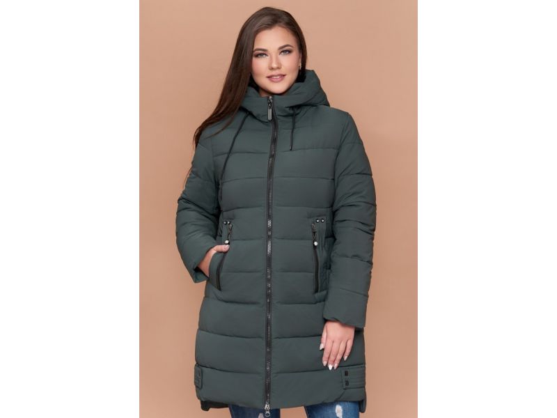 Пуховик серо-зеленого цвета большого размера зимний женский модель 25225, фото 4