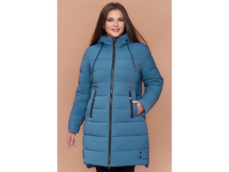 Темно-голубой женский пуховик зимний большого размера модель 25225, фото 4
