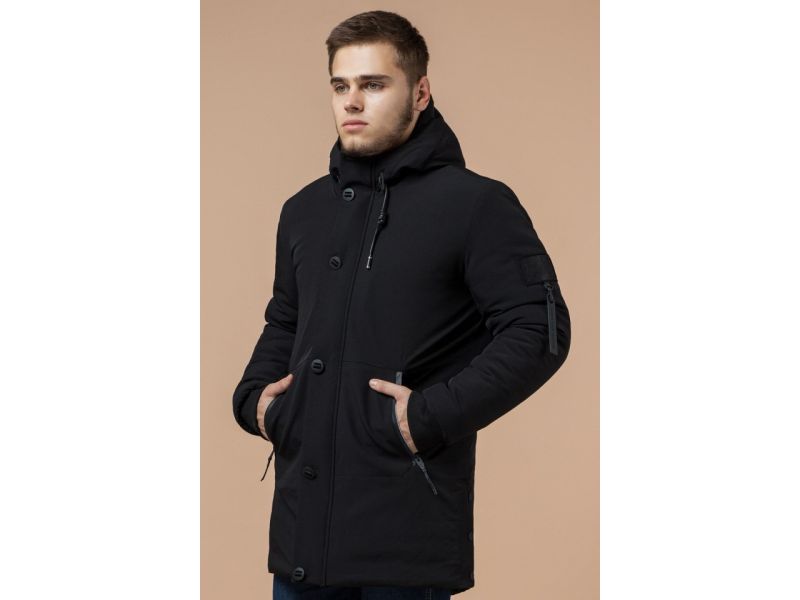 Парка черная с ветрозащитной планкой зимняя для мужчин модель 9042, фото 4