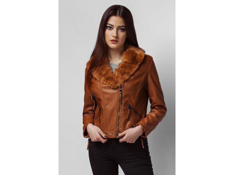 Женский осенне-весенний молодежный пуховик из экокожи цвет коричневый модель 25623, фото 4