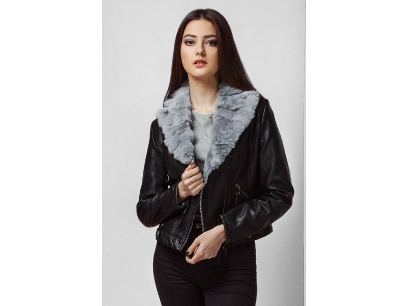 Женский молодежный весенне-осенний пуховик цвет черный-серый модель 25623, фото 3