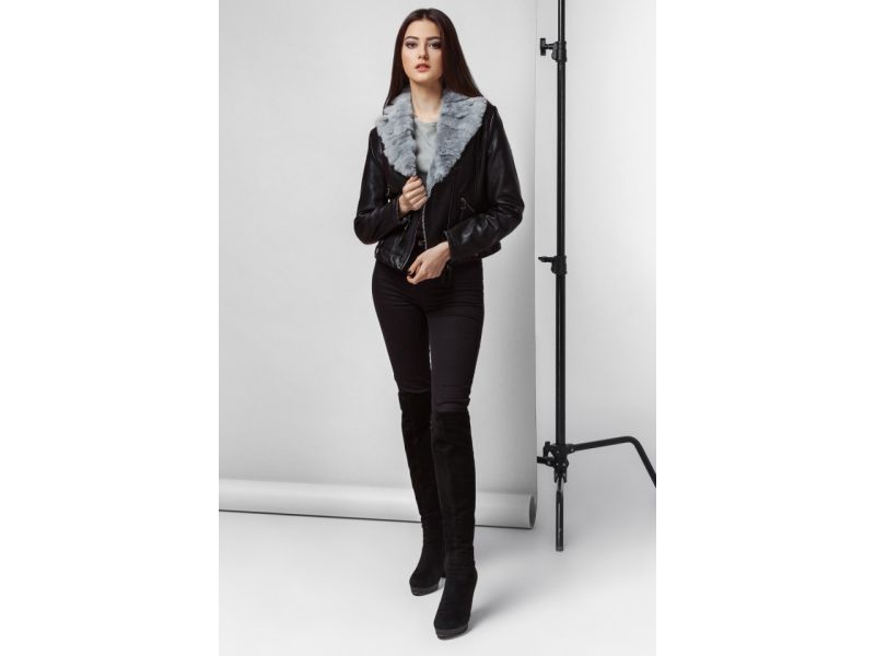 Женский молодежный весенне-осенний пуховик цвет черный-серый модель 25623, фото 4