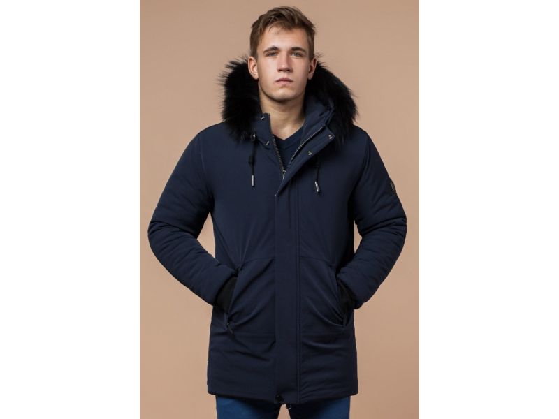 Парка мужская темно-синяя зимняя с меховой опушкой модель 9255, фото 4