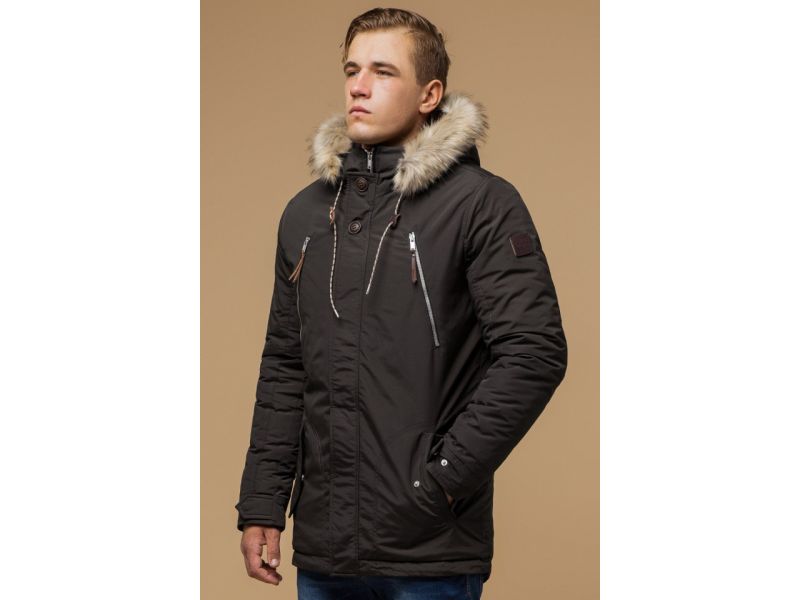 Зимняя парка мужская коричневого цвета теплая модель 14015, фото 4