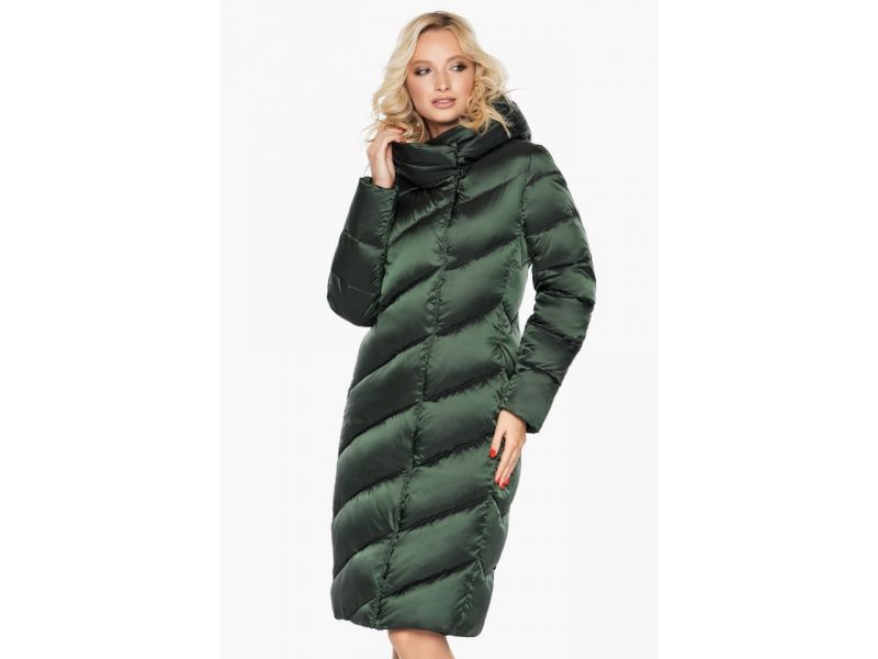 Зеленый женский длинный воздуховик на зиму модель 30952, фото 3