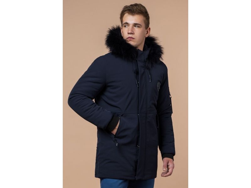 Парка зимняя мужская темно-синяя с карманами модель 9828, фото 4
