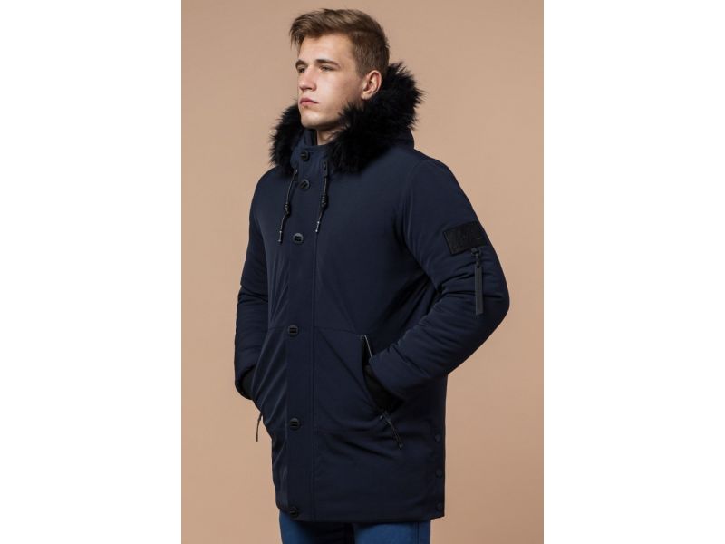 Парка мужская зимняя темно-синяя с кулиской модель 9842, фото 4