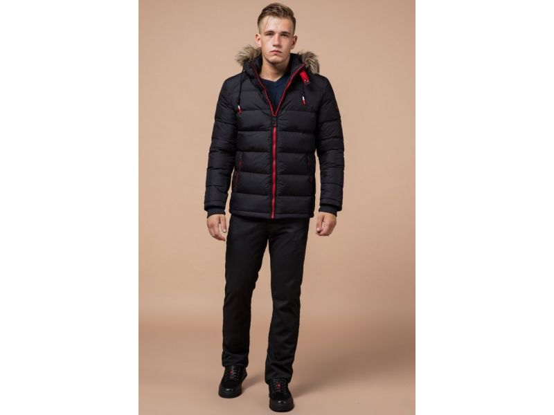 Зимняя мужская куртка с меховой опушкой цвет черный-красный модель 38268, фото 4
