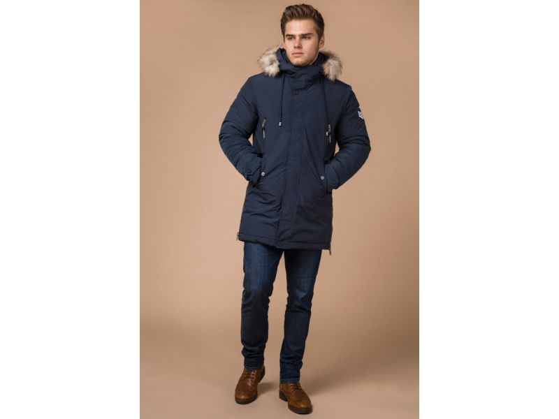 Синяя мужская зимняя парка с кулиской модель 20758, фото 4