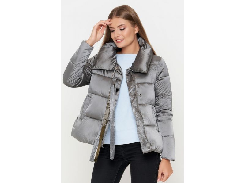 Серый пуховик осенне-весенний молодежный женский прямого кроя модель 25282, фото 3