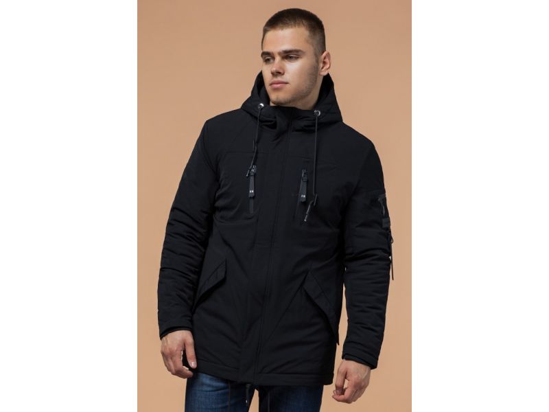 Черная парка зимняя мужская с фирменной нашивкой модель 4553, фото 4