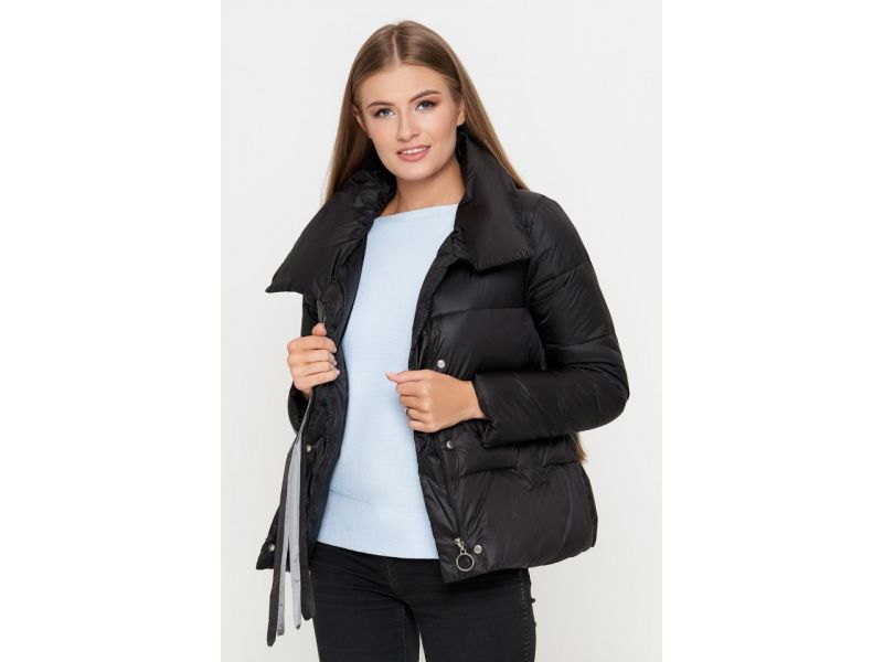 Черный молодежный женский пуховик осенне-весенний с ленточками модель 25282, фото 3