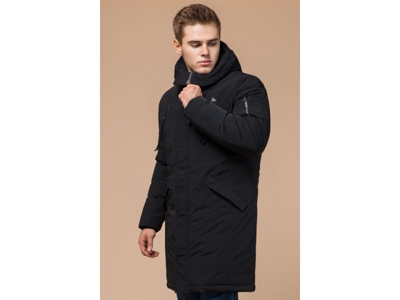 Парка черная зимняя мужская с ветрозащитной планкой модель 23675, фото 4