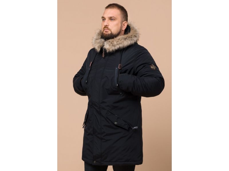 Парка мужская черно-синяя зимняя с капюшоном модель 26620, фото 4
