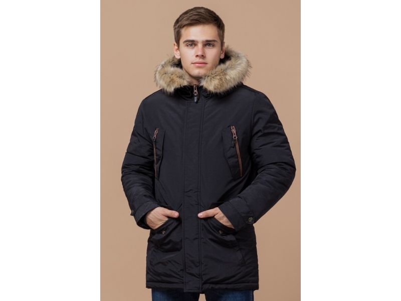 Черная парка теплая на зиму мужская модель 37560, фото 4