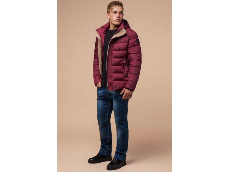 Куртка бордового цвета зимняя на молнии мужская модель 20849, фото 4