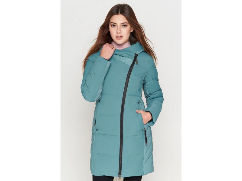 Молодежный зеленый пуховик женский на зиму модель 25085, фото 4