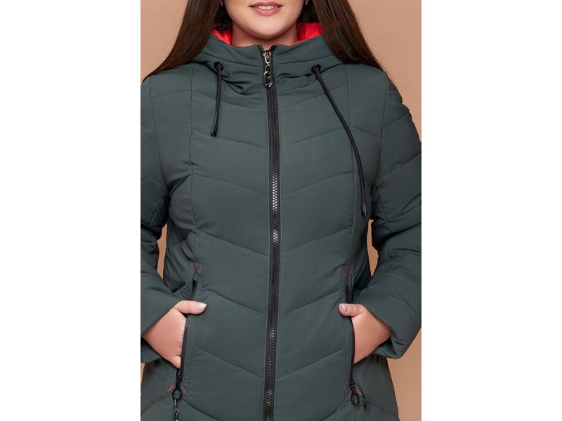 Пуховик женский большого размера зимний серо-зеленый модель 25695, фото 6