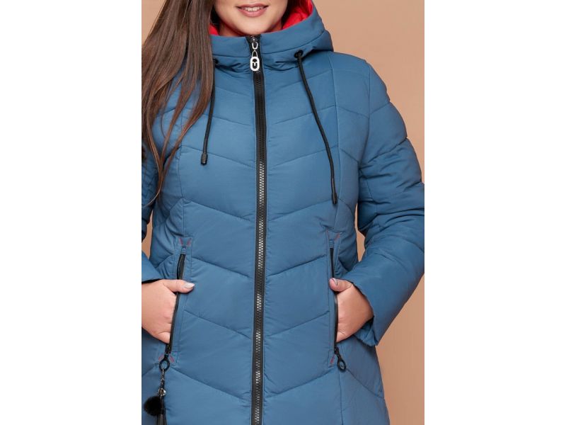 Пуховик темно-голубой большого размера на зиму женский модель 25695, фото 6