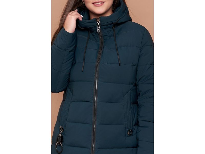 Темно-зеленый женский пуховик большого размера на зиму модель 25095, фото 6