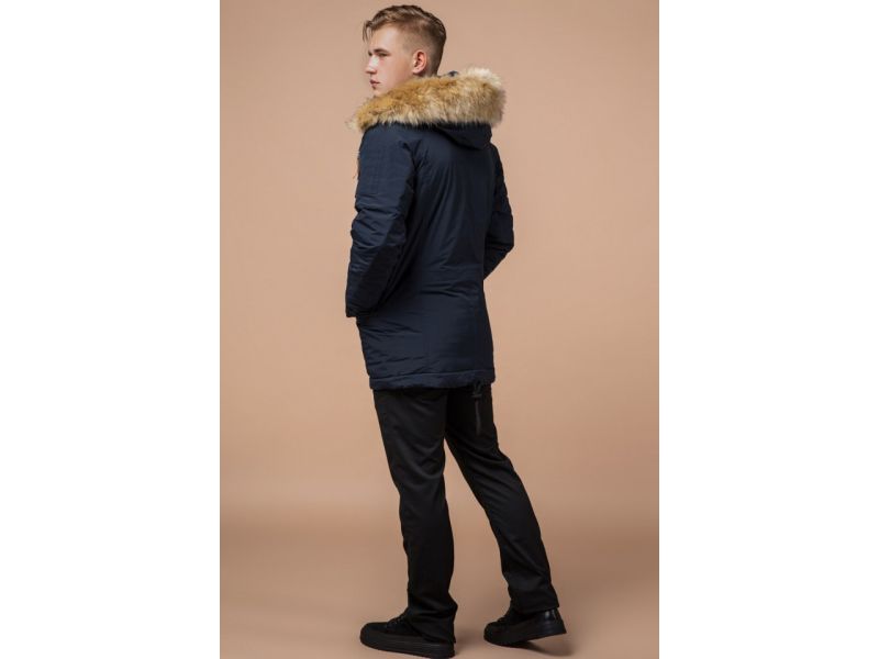Темно-синяя мужская зимняя парка с меховой опушкой модель 3986, фото 5