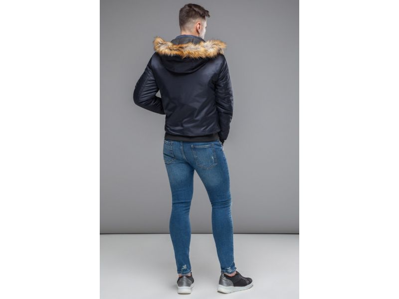 Темно-синий мужской молодежный бомбер осенне-весенний с опушкой модель 46575, фото 5