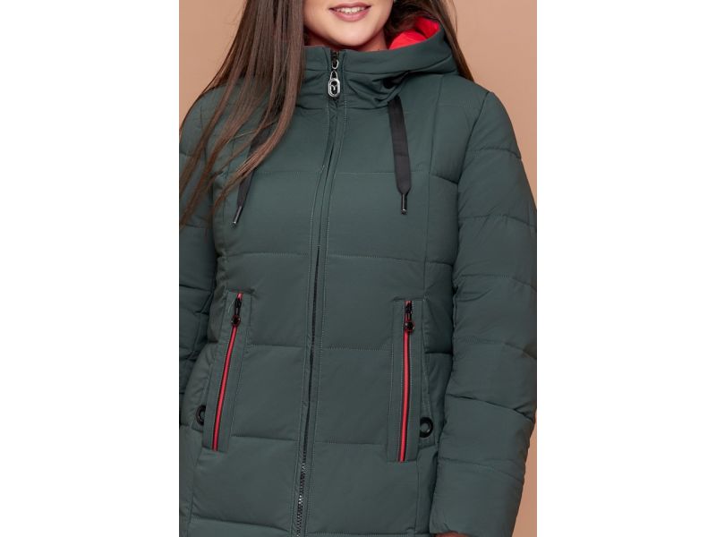 Пуховик женский большого размера серо-зеленого цвета зимний модель 25175, фото 6