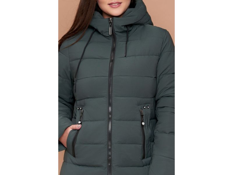 Пуховик серо-зеленого цвета большого размера зимний женский модель 25225, фото 6