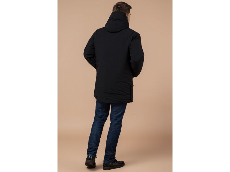 Парка черная с ветрозащитной планкой зимняя для мужчин модель 9042, фото 5