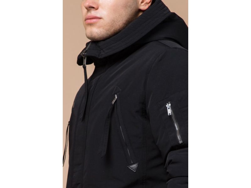 Парка черная зимняя мужская с ветрозащитной планкой модель 23675, фото 6