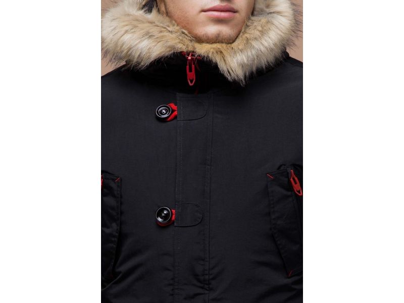 Парка зимняя с ветрозащитной планкой мужская цвет черный-красный модель 38230, фото 6