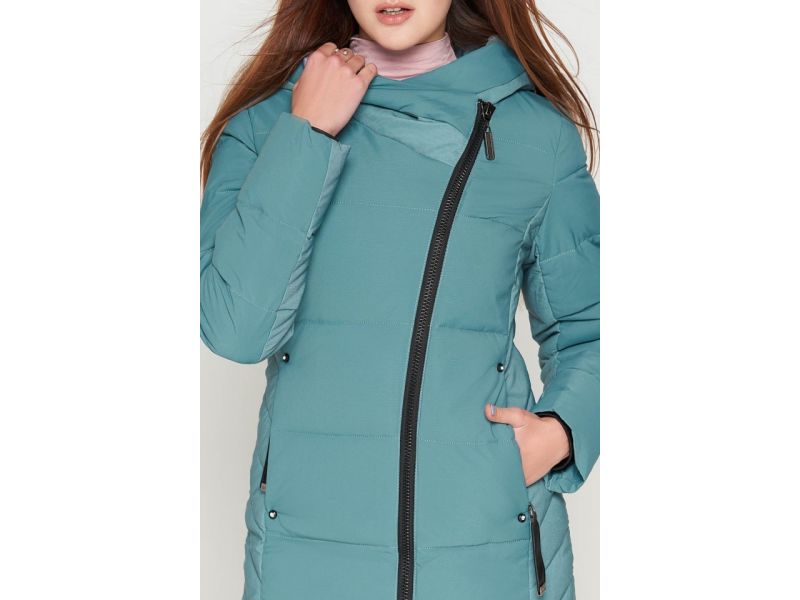 Молодежный зеленый пуховик женский на зиму модель 25085, фото 6