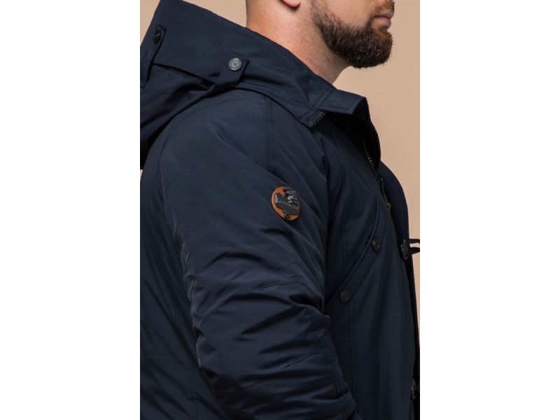 Темно-синяя парка мужская зимняя с ветрозащитной планкой модель 2694, фото 8