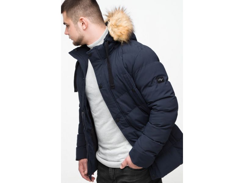 Темно-синяя молодежная мужская куртка зимняя с опушкой модель 25370, фото 9