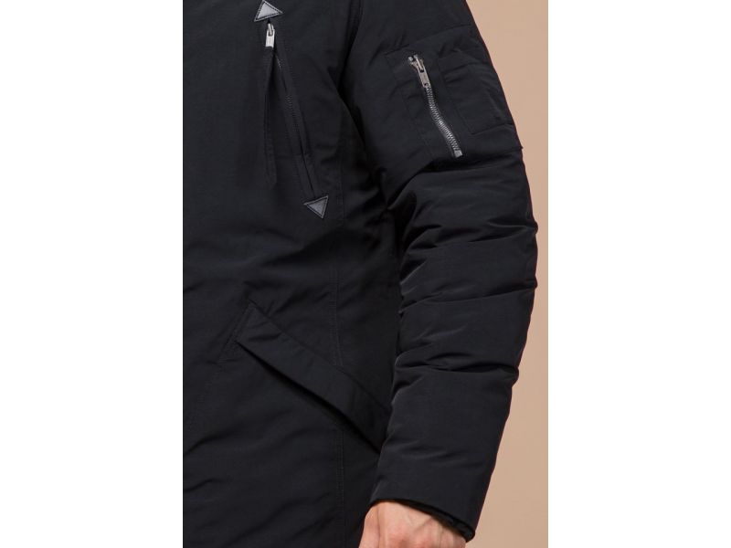 Парка черная зимняя мужская с ветрозащитной планкой модель 23675, фото 7