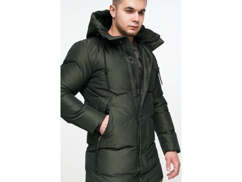 Комфортная мужская молодежная темно-зеленая дизайнерская куртка зимняя модель 25340, фото 8