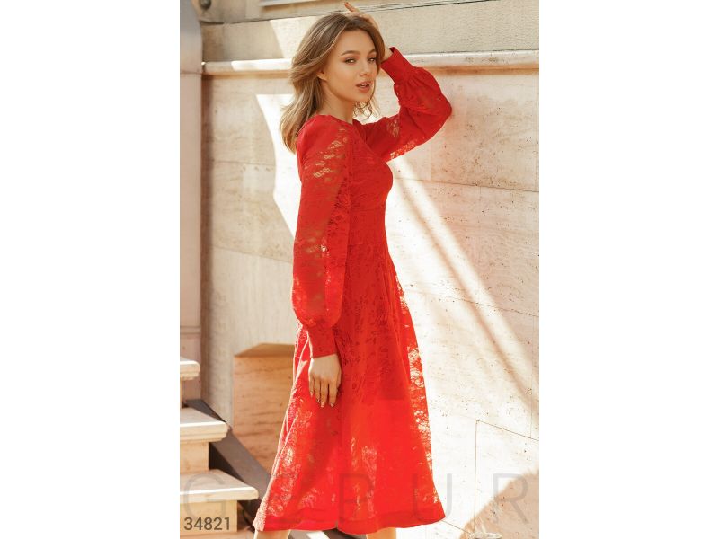 Элегантное кружевное платье красное 34821, фото 3