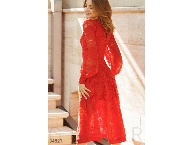 Элегантное кружевное платье красное 34821, фото 4