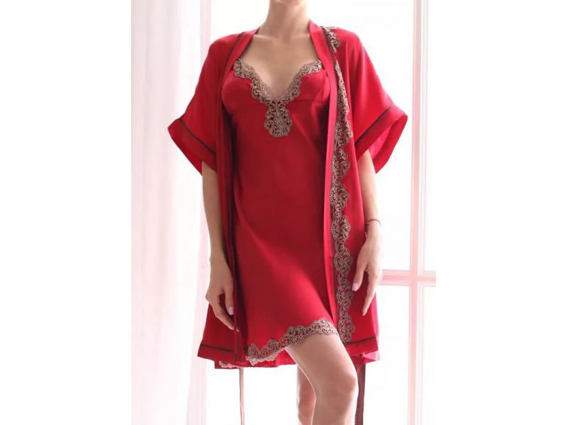 Шелковая сорочка и халат Silk Kiss Madrid red, натуральный 100% шелк, комплект белья Силк Кис Мадрид красный, фото 1